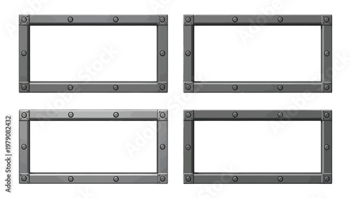 Four rectangular industrial metal frames with rivet details, isolated on white background. Blank heavy duty borders for content.