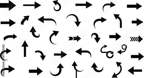 Large set of black arrow silhouettes, isolated direction pointer vector illustrations, curved and straight navigation graphic design elements, wayfinding set.
