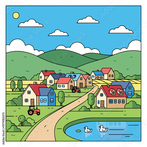 Cartoon Village with Houses and Pond.