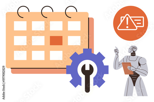 Task scheduling, automation tools, robotics, workflow planning, error management, futuristic technology. A calendar, warning icon gear tool and robot holding a clipboard. Task scheduling