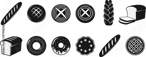 Set of black bakery bread silhouettes, isolated baguette and loaf vector illustrations, delicious pastry food product graphic design elements, bakery.