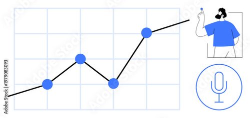 Business analytics, data visualization, voice technology, digital communication, speech analysis, innovation. A blue growth chart with a speaker icon and person. Data visualization and voice