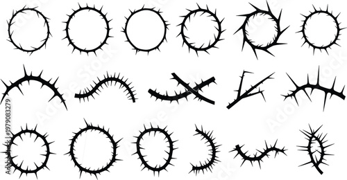 Set of black crown of thorns silhouettes, isolated religious vector illustrations, sharp prickly branch frames, christianity graphic design elements, sharp.