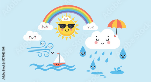 Cartoon Weather Elements with Rainbow and Sun.