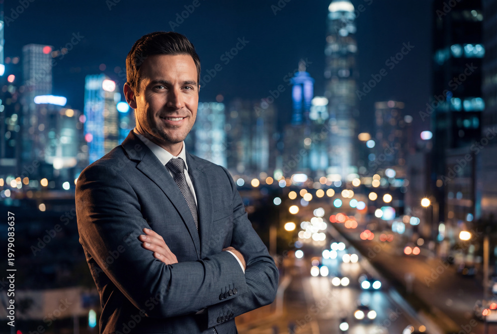 Fototapeta premium Confident businessman with arms crossed against a vibrant city at night