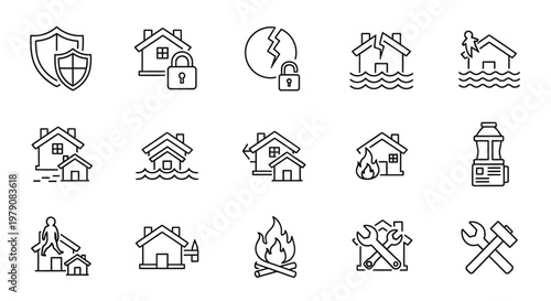 Home insurance and disaster protection a collection of line icons