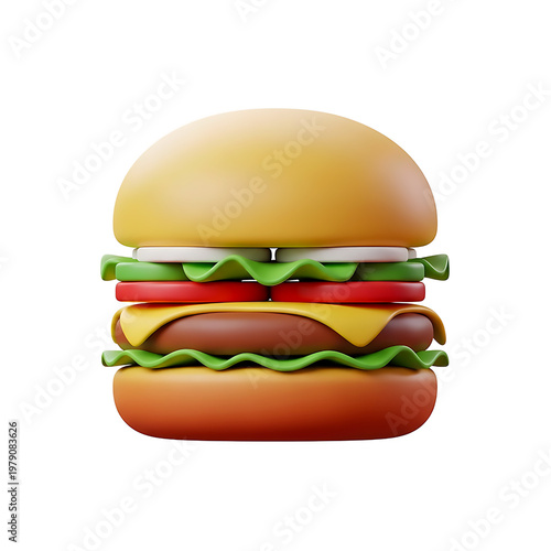 Stylized 3D Burger Icon with Cheese, Lettuce, Tomato, Onion