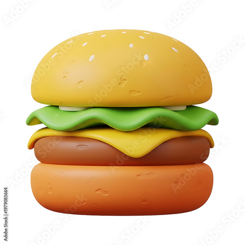Stylized 3D Burger Icon with Lettuce and Cheese, Isolated