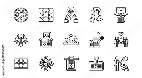 Collection of line art icons representing business teamwork and problem solving