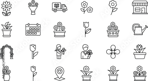 Flower shop and gardening line icons set with plants bouquet delivery calendar watering can botanical vector illustration collection
