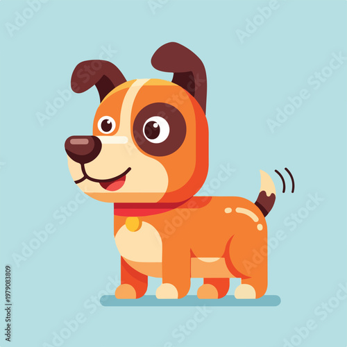 Cartoon dog with orange fur and brown ears wagging tail on blue background