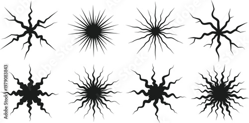 Set of black sunburst and starburst silhouettes, isolated hand drawn wavy ray vector illustrations, creative sparkle graphic design elements, shine.