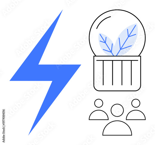 Sustainability, teamwork, green energy, innovation, renewable resources, collaboration. Blue lightning bolt next to a plant in a bulb with people icons. Green energy and teamwork concepts