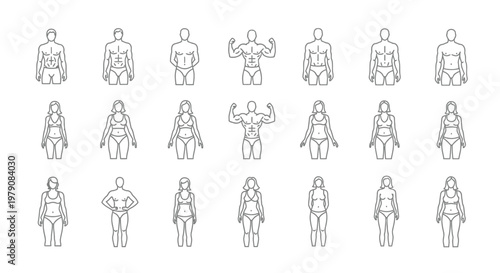 Line art icons depicting diverse human body types and fitness levels