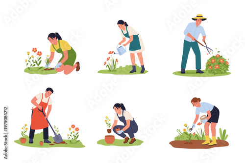 People Gardening and Planting Flowers Set. Flat vector illustration set of people planting seedlings, watering flowers, pruning bushes, digging soil, and fertilizing a garden