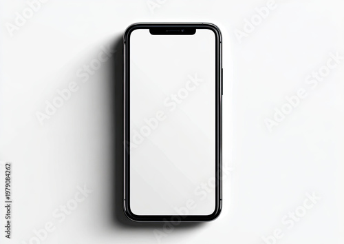 Modern mobile device with a blank screen and subtle shadow on a white surface