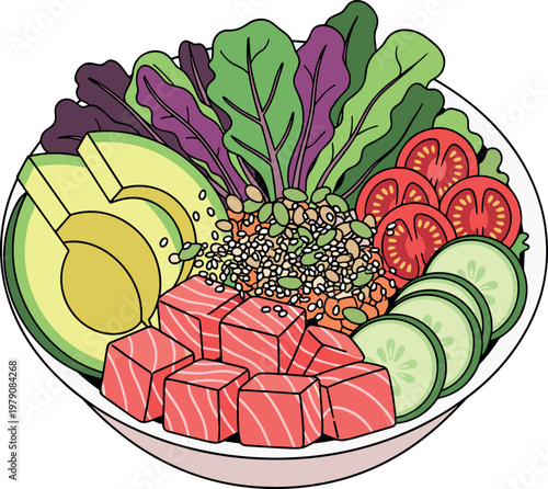 Healthy Poke Bowl Illustration Featuring Fresh Salmon Cubes, Sliced Avocado, Cucumber, Cherry Tomatoes, Leafy Greens,