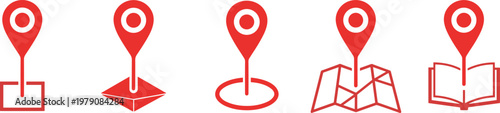 Set of red map pin icons and location pointers, isolated navigation vector illustrations, travel destination point graphic design elements, GPS.