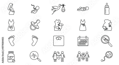 Pregnancy and newborn baby related icons in a linear style