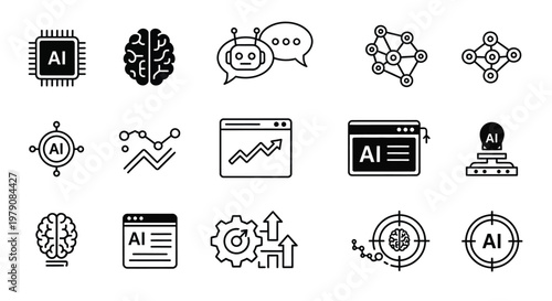 Artificial intelligence icons depicting machine learning neural networks and robotics