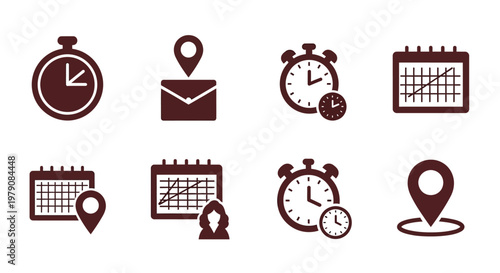 Collection of time location and schedule related icons in brown tones
