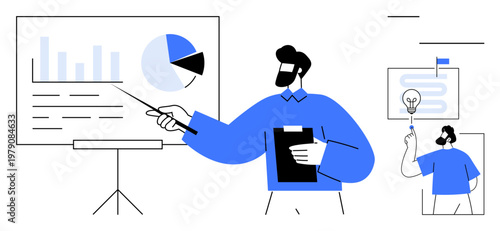 Business strategy, data analysis, teamwork, innovation, planning, education, data presentation. A man pointing at graphs with a clipboard. Business strategy and data analysis