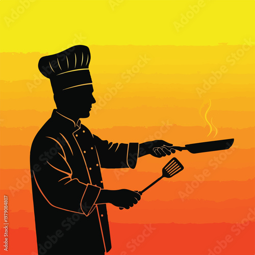 Chef Silhouette Cooking with Utensils.