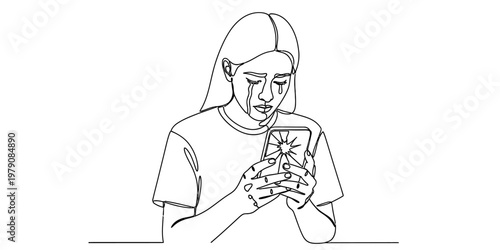 A single line drawing of a distressed young woman crying while holding a broken smartphone screen