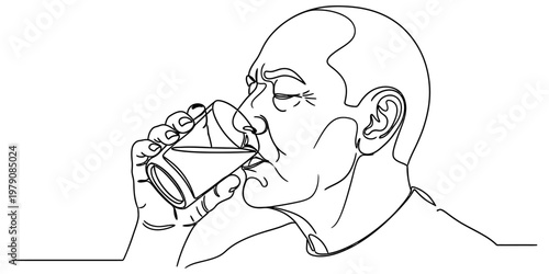 A black and white line art illustration of a bald man drinking a refreshing glass of clean water