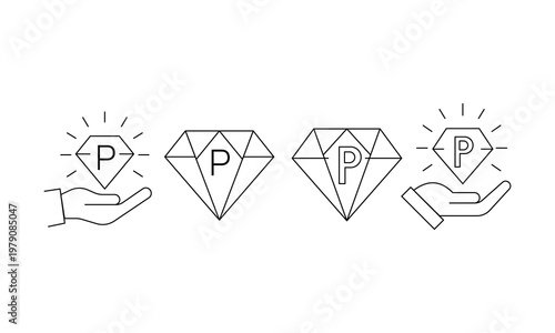 Premium diamond reward points icon set with hand holding jewelry and sparkling loyalty bonus symbols.Editable stroke, Vector illustration, Line art Icon, Symbols.