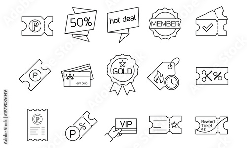 Discount coupon and promotional voucher icon set including hot deal gift card and VIP membership tags.Editable stroke, Vector illustration, Line art Icon, Symbols.