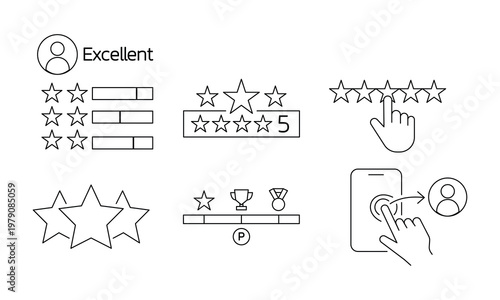 Customer experience rating and loyalty progress bar icons with five stars and excellent review symbols.Editable stroke, Vector illustration, Line art Icon, Symbols.