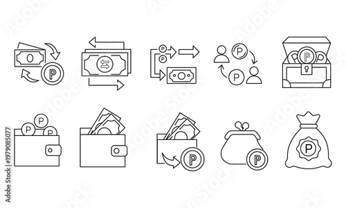 Rewards wallet and money transaction icon set featuring treasure chest and points transfer symbols.Editable stroke, Vector illustration, Line art Icon, Symbols.