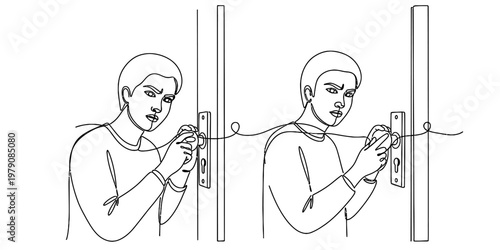 A black and white line drawing of a person trying to manipulate a door handle with a piece of wire