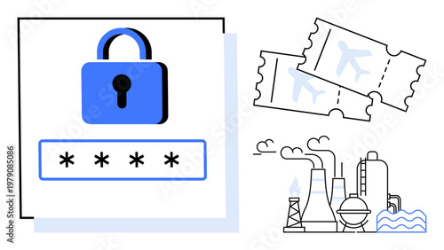 Digital security, travel safety, industrial automation, data protection, password security, online confidentiality. Lock with password, flight tickets industrial buildings. Digital security