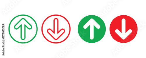 Simple up and down arrows. Upward, downward arrows in green and red isolated on white background. Vector illustration