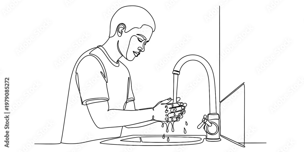 Fototapeta premium A single continuous line drawing of a young man washing his hands under a kitchen sink faucet.
