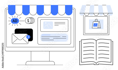 E-commerce, digital marketing, online shopping, advertising strategies, email promotions, product sales. Desktop with e-commerce icons, a storefront book and package. E-commerce and digital