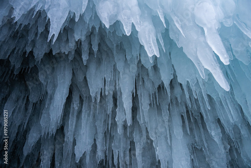 An ice formation such as Ice spike and Icicle forming in a temperature below 0 °C in lake Baikal, Russia. The water in Lake Baikal freezes in bizarre shapes in winter season.