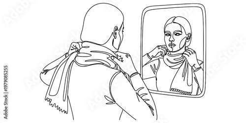 A black and white line art illustration of a woman adjusting her scarf while looking in a mirror