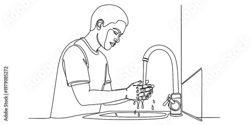 A single continuous line drawing of a young man washing his hands under a kitchen sink faucet.