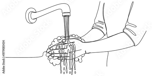 A simple black and white line drawing of a person washing their hands thoroughly under a faucet