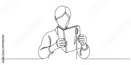 A continuous line drawing of a person thoughtfully reading a book with a pen tucked inside pages