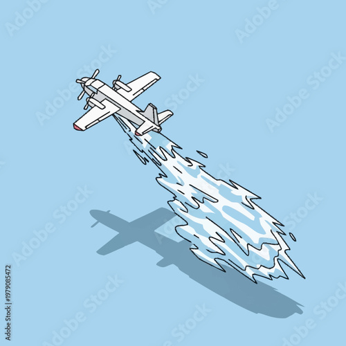 Airplane dispersing water from sky.