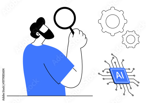Artificial intelligence, problem solving, innovation, data analytics, technology development, automation. Man holding magnifying glass, gears and AI chip. Artificial intelligence and problem solving
