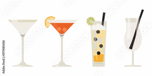 Four colorful cocktails arranged in a row each with unique garnishes