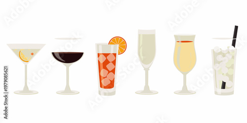 A colorful collection of various alcoholic cocktails in elegant glasses