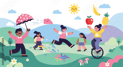 Children Playing in a Field Joyfully.