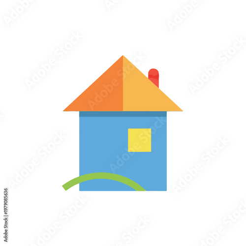 A simple house with a blue base, orange roof, and green grass