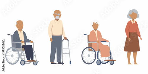 Diverse group of senior adults with mobility aids illustrated in a flat style